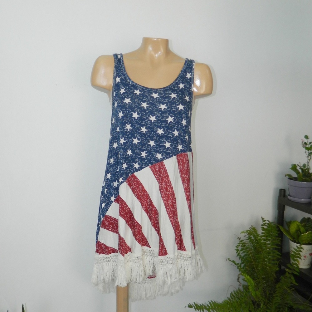 All at Once Tank Dress Womens Large Red White Blue Stars Stripes Fringe Crochet